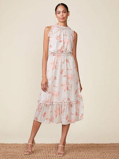 Sleeveless Printed Ruffle Midi Dress