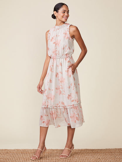 Sleeveless Printed Ruffle Midi Dress