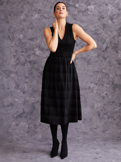 Sleeveless Mix Media Dress with Sash