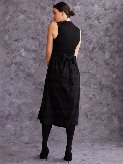 Sleeveless Mix Media Dress with Sash