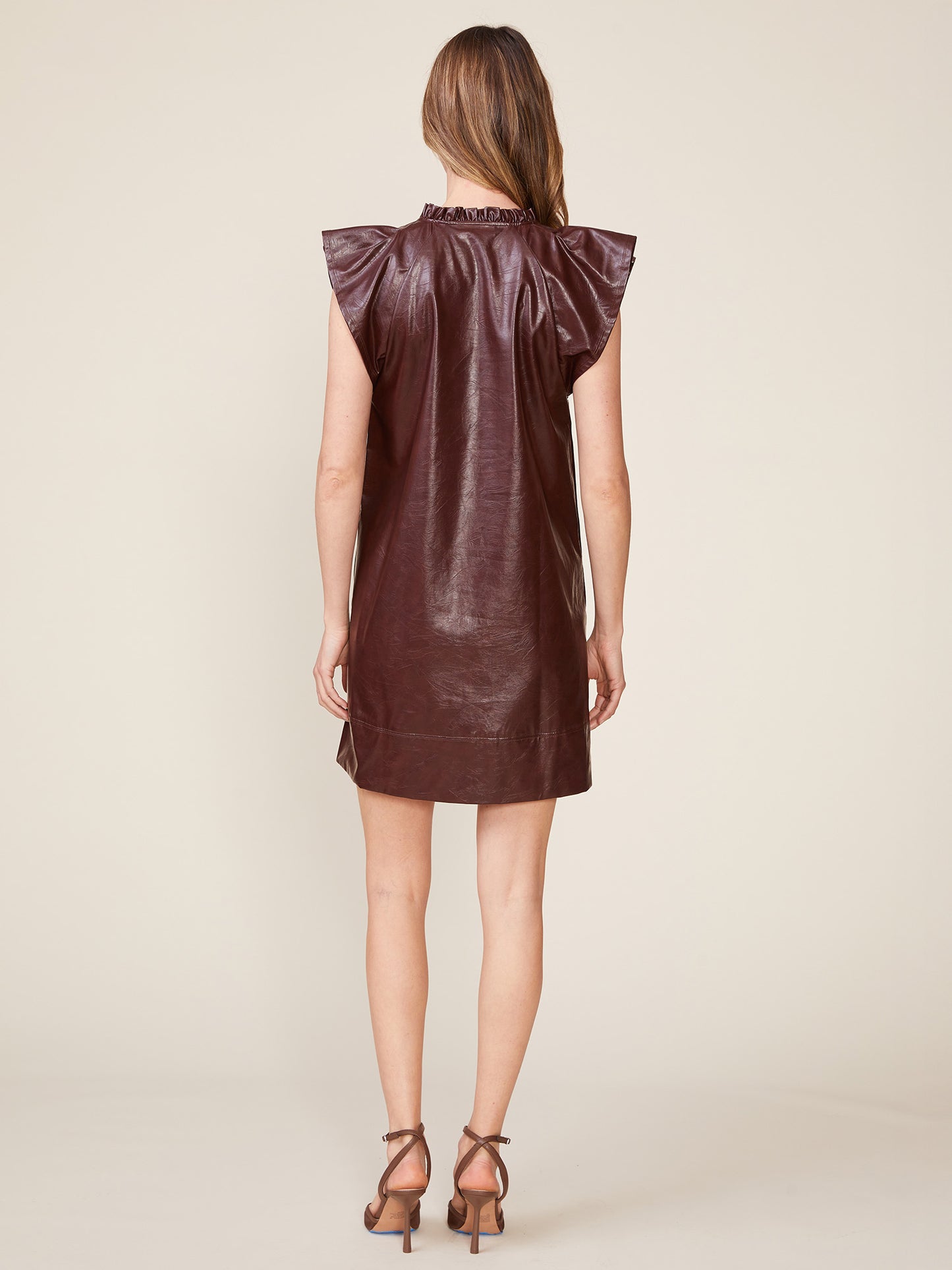 Flutter Sleeve Crinkle Faux Leather Shift Dress