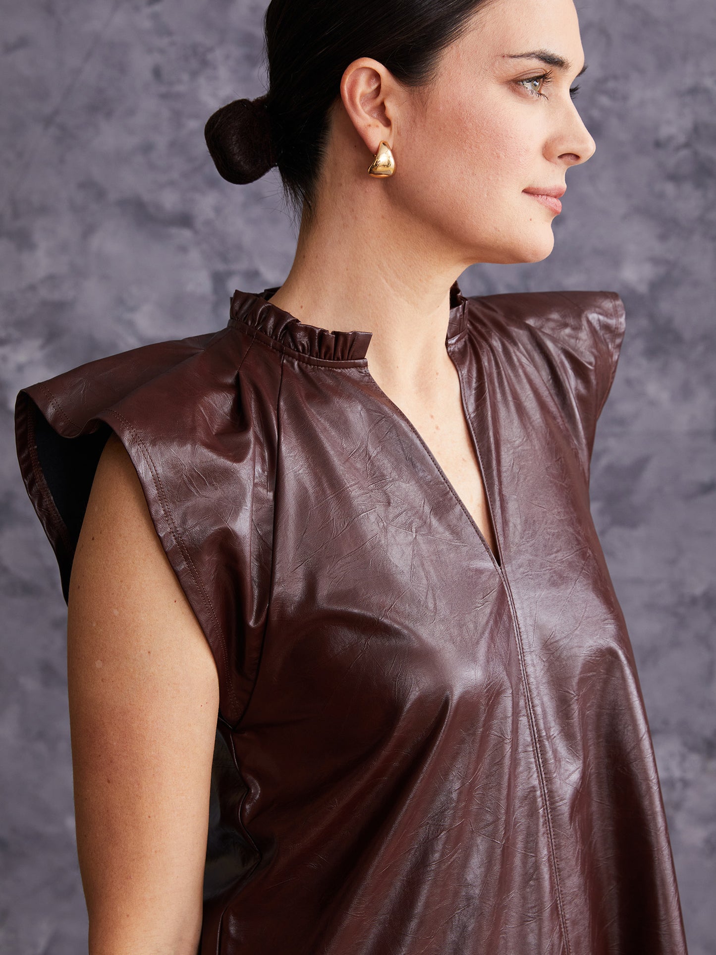 Flutter Sleeve Crinkle Faux Leather Shift Dress