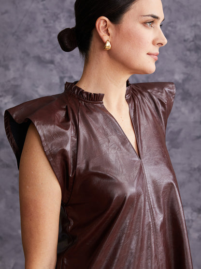 Flutter Sleeve Crinkle Faux Leather Shift Dress