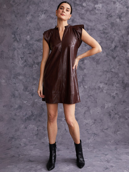 Flutter Sleeve Crinkle Faux Leather Shift Dress