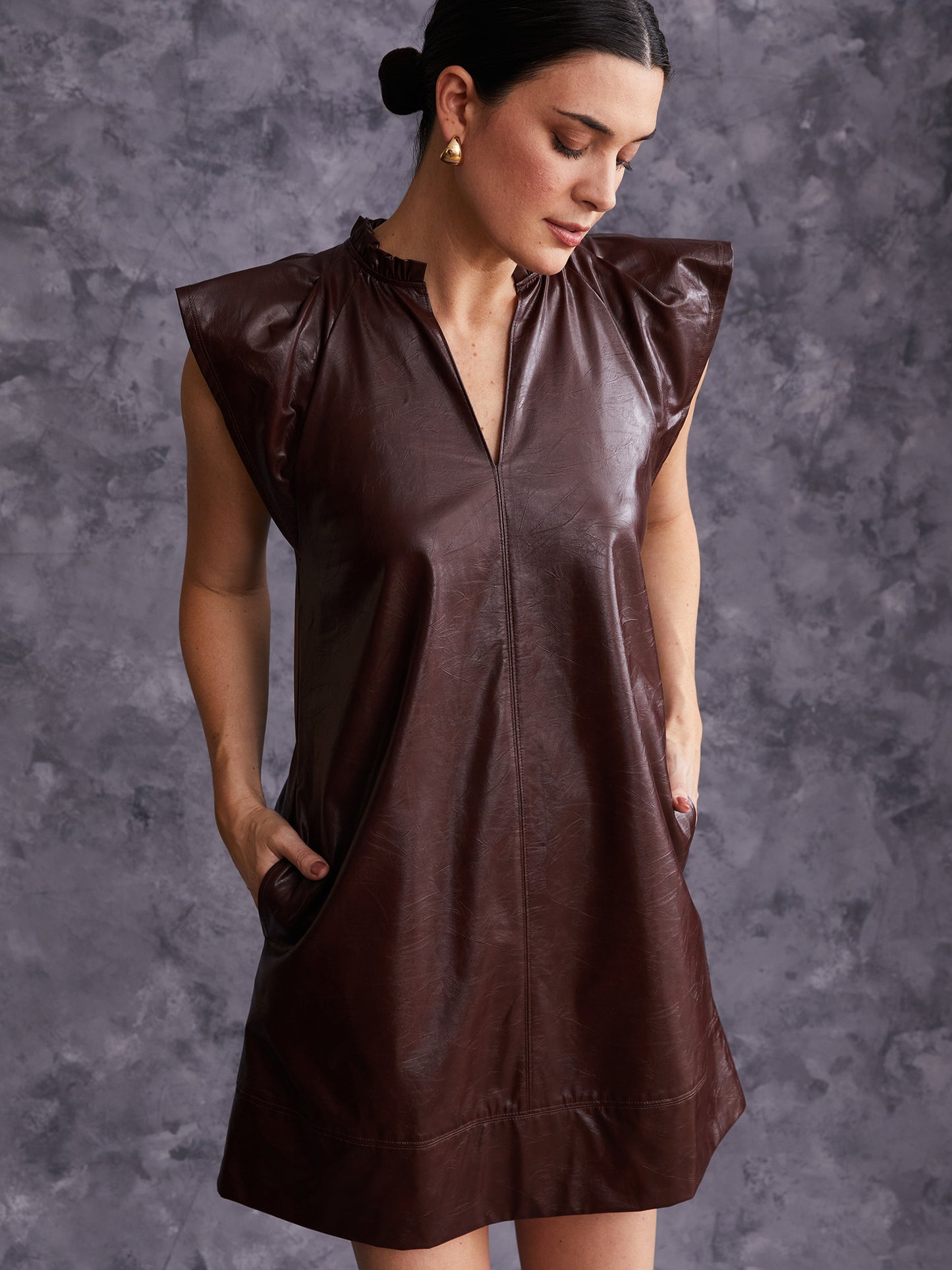 Flutter Sleeve Crinkle Faux Leather Shift Dress