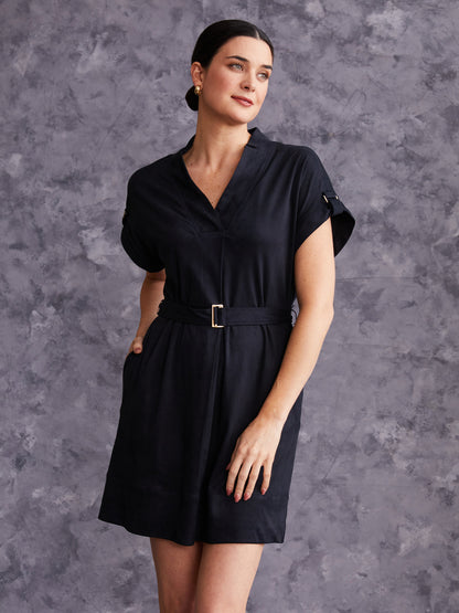 Cuffed Belted Ponte Mini Dress