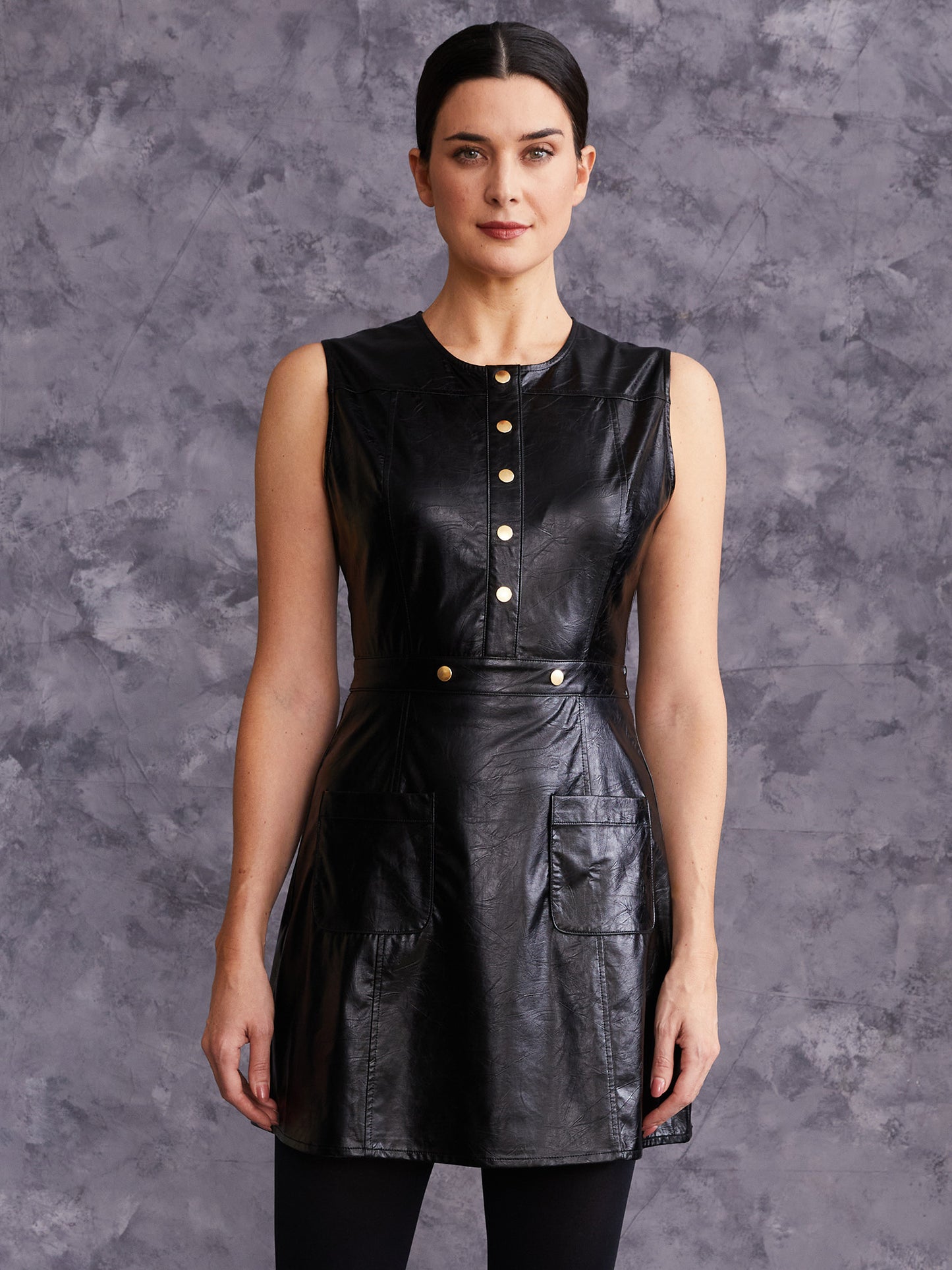Crinkle Faux Leather Mini Shift Dress