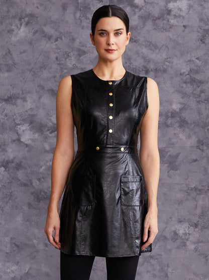 Crinkle Faux Leather Mini Shift Dress