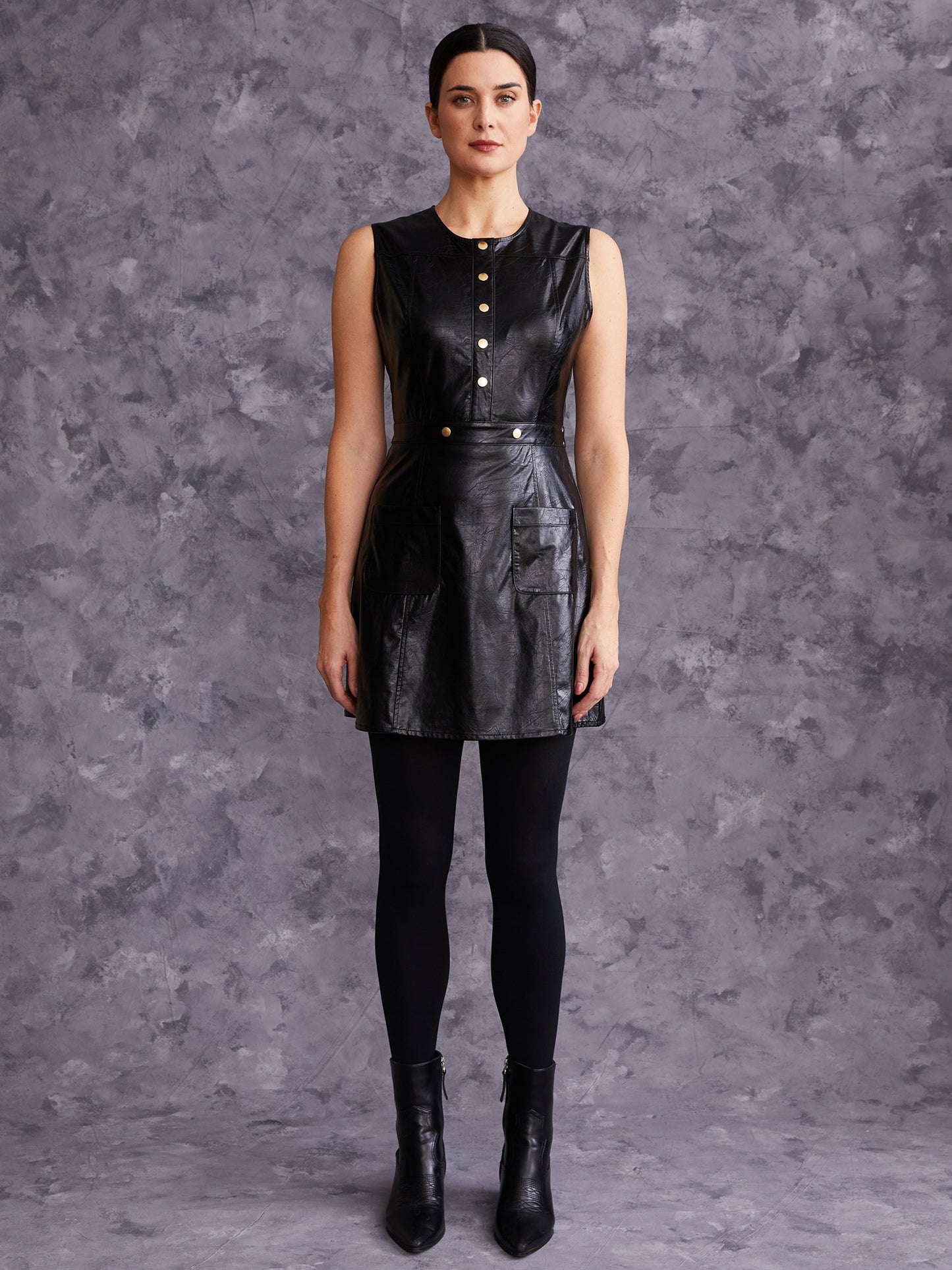 Crinkle Faux Leather Mini Shift Dress