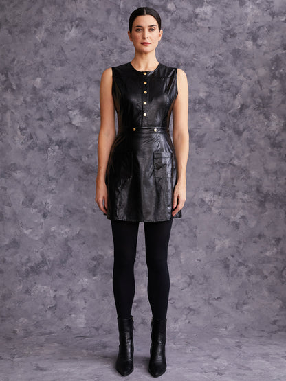 Crinkle Faux Leather Mini Shift Dress