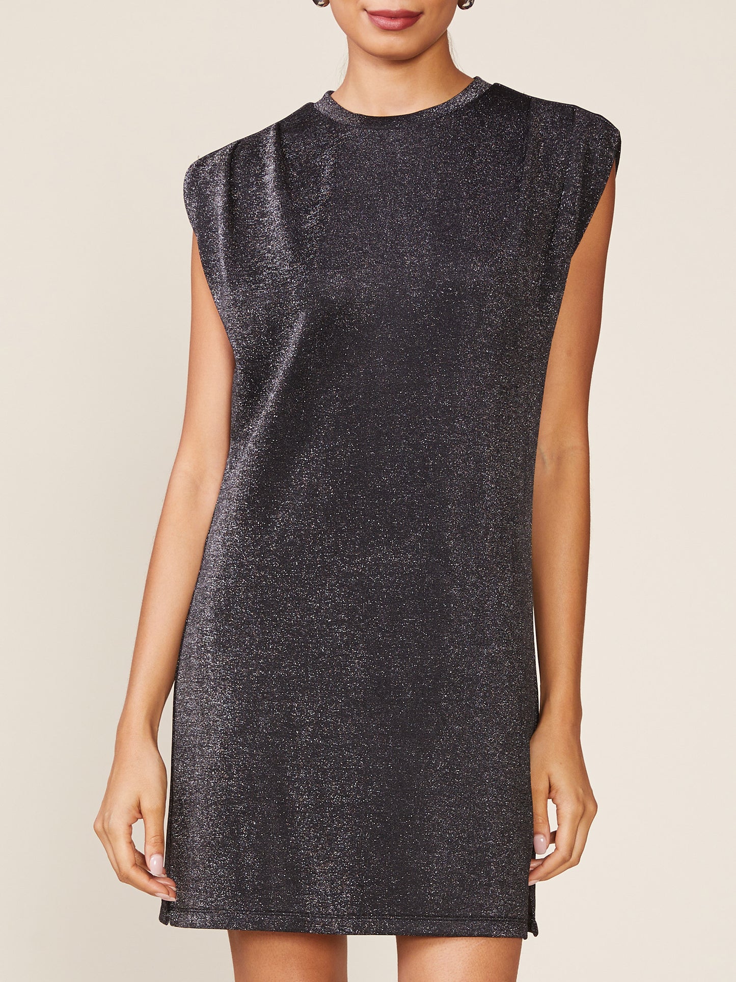 Sleeveless Glitter Knit Dress with Pleated Shoulder Detail