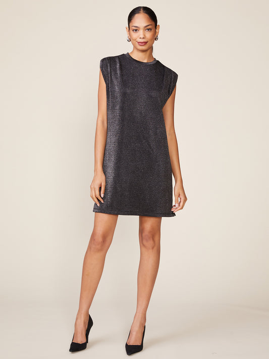 Sleeveless Glitter Knit Dress with Pleated Shoulder Detail