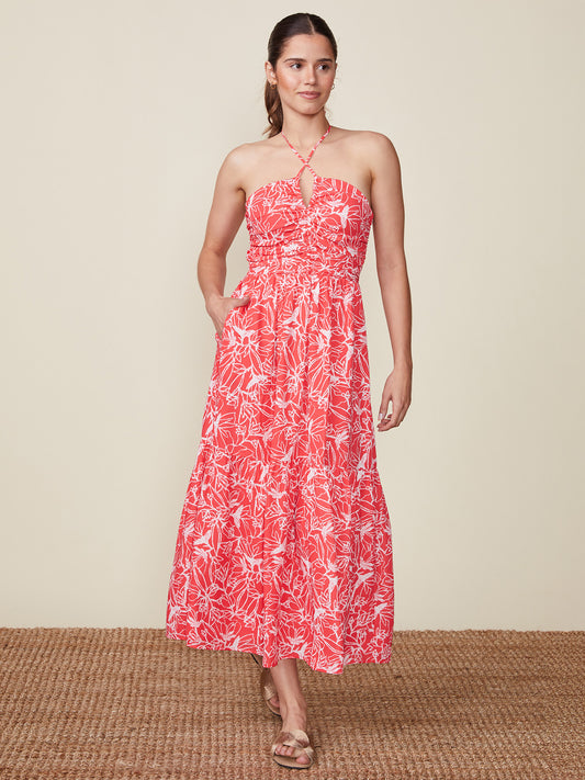 Printed Cinch Front Halter Dress