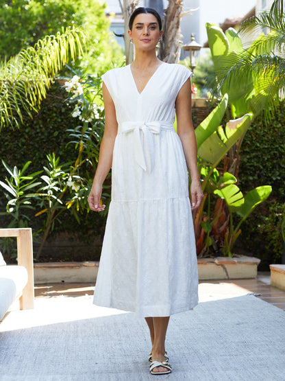 Embroidered Cotton V-neck Midi Dress