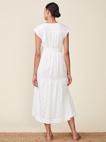 Embroidered Cotton V-neck Midi Dress