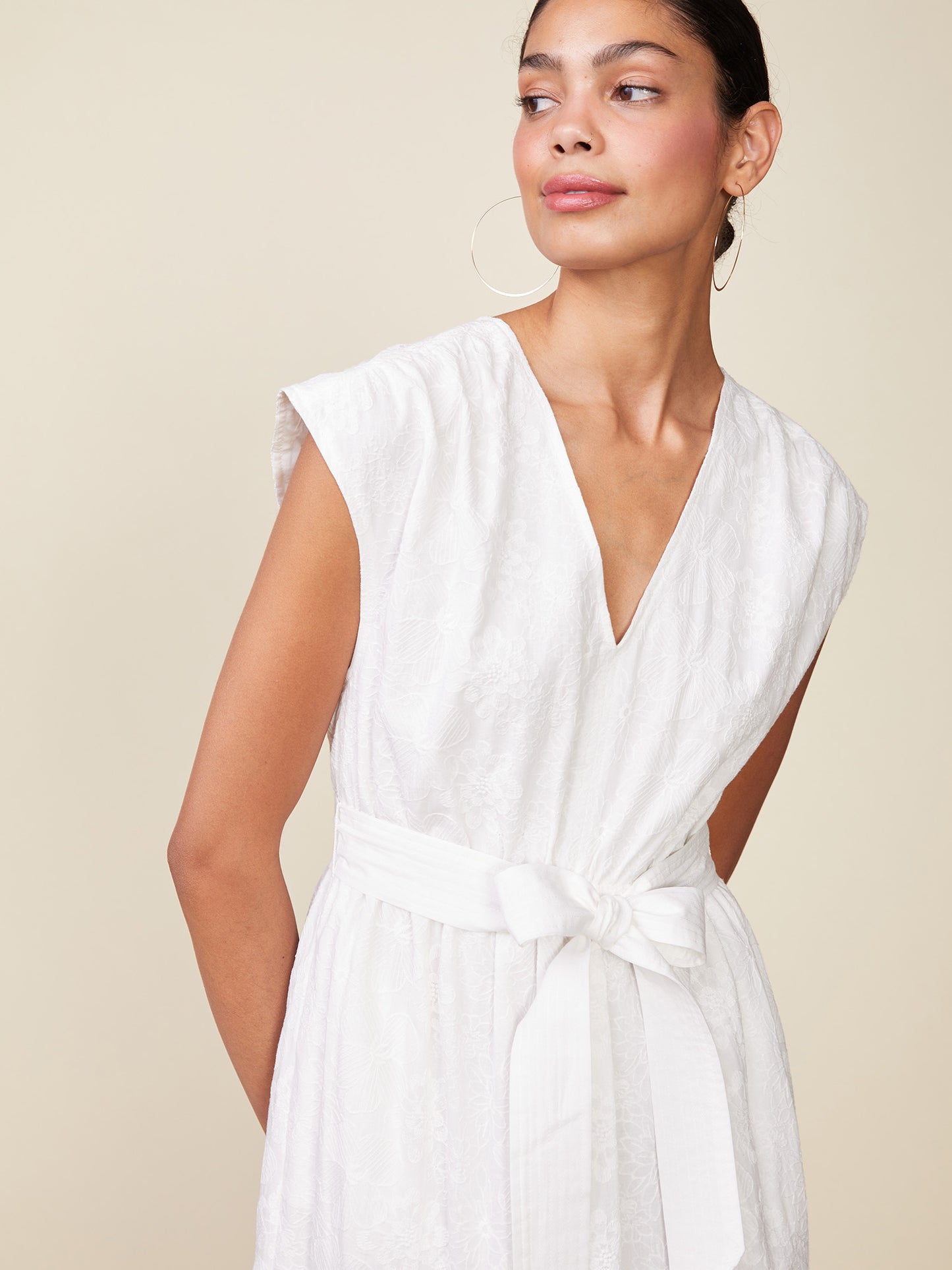 Embroidered Cotton V-neck Midi Dress