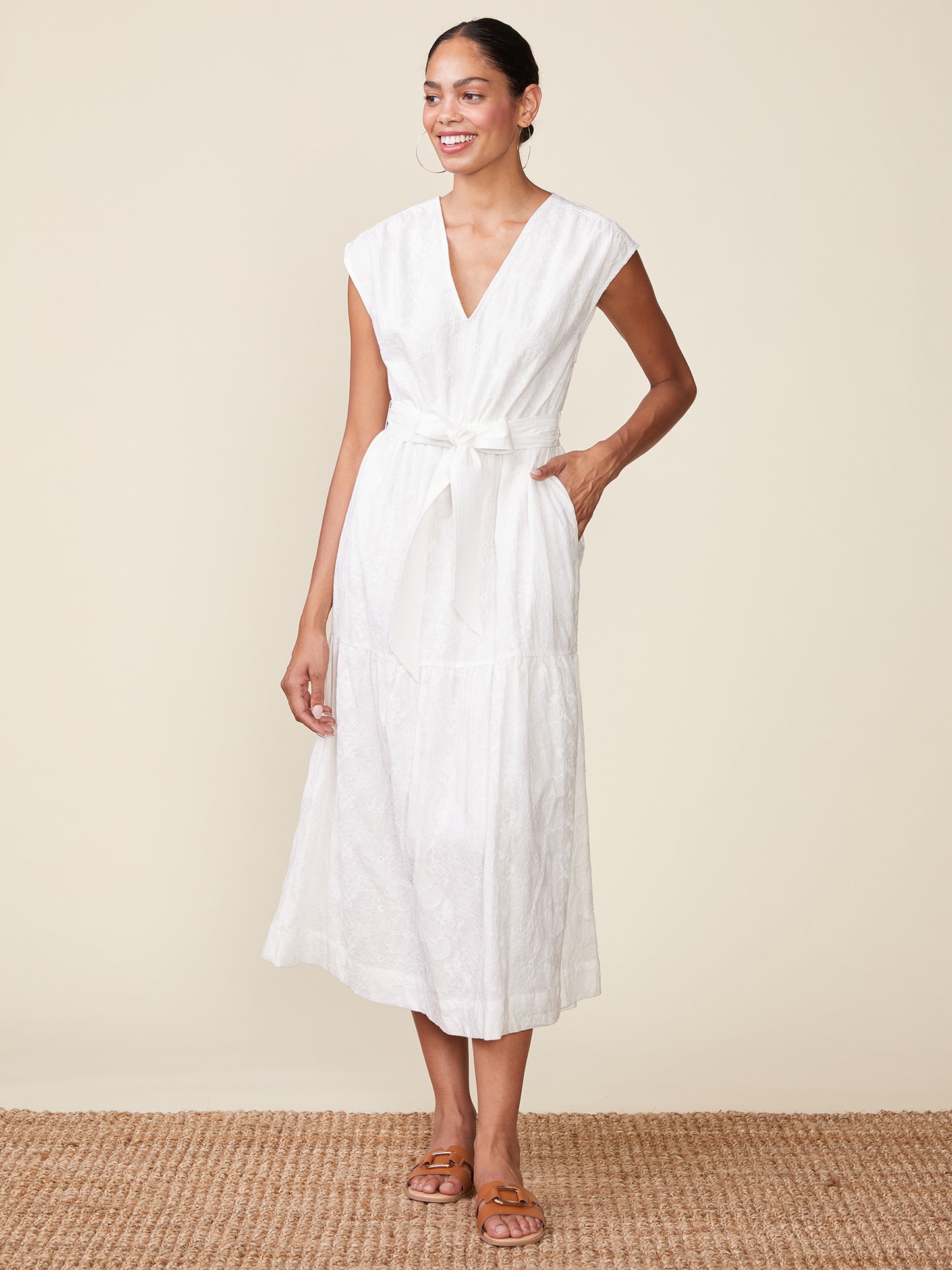 Embroidered Cotton V-neck Midi Dress