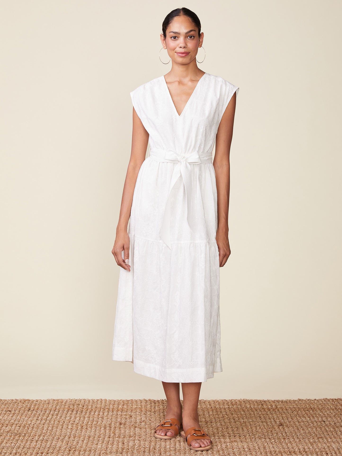 Embroidered Cotton V-neck Midi Dress