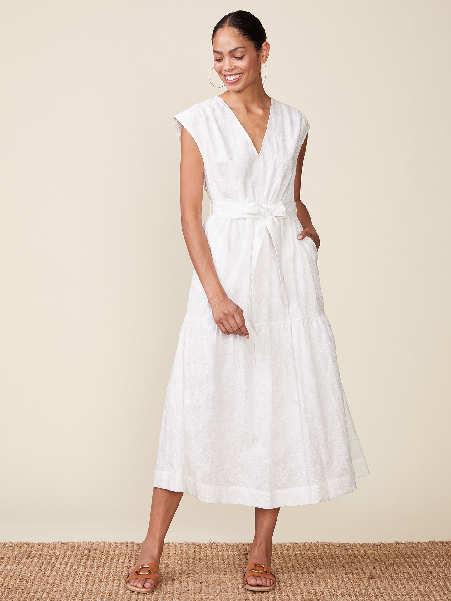Embroidered Cotton V-neck Midi Dress