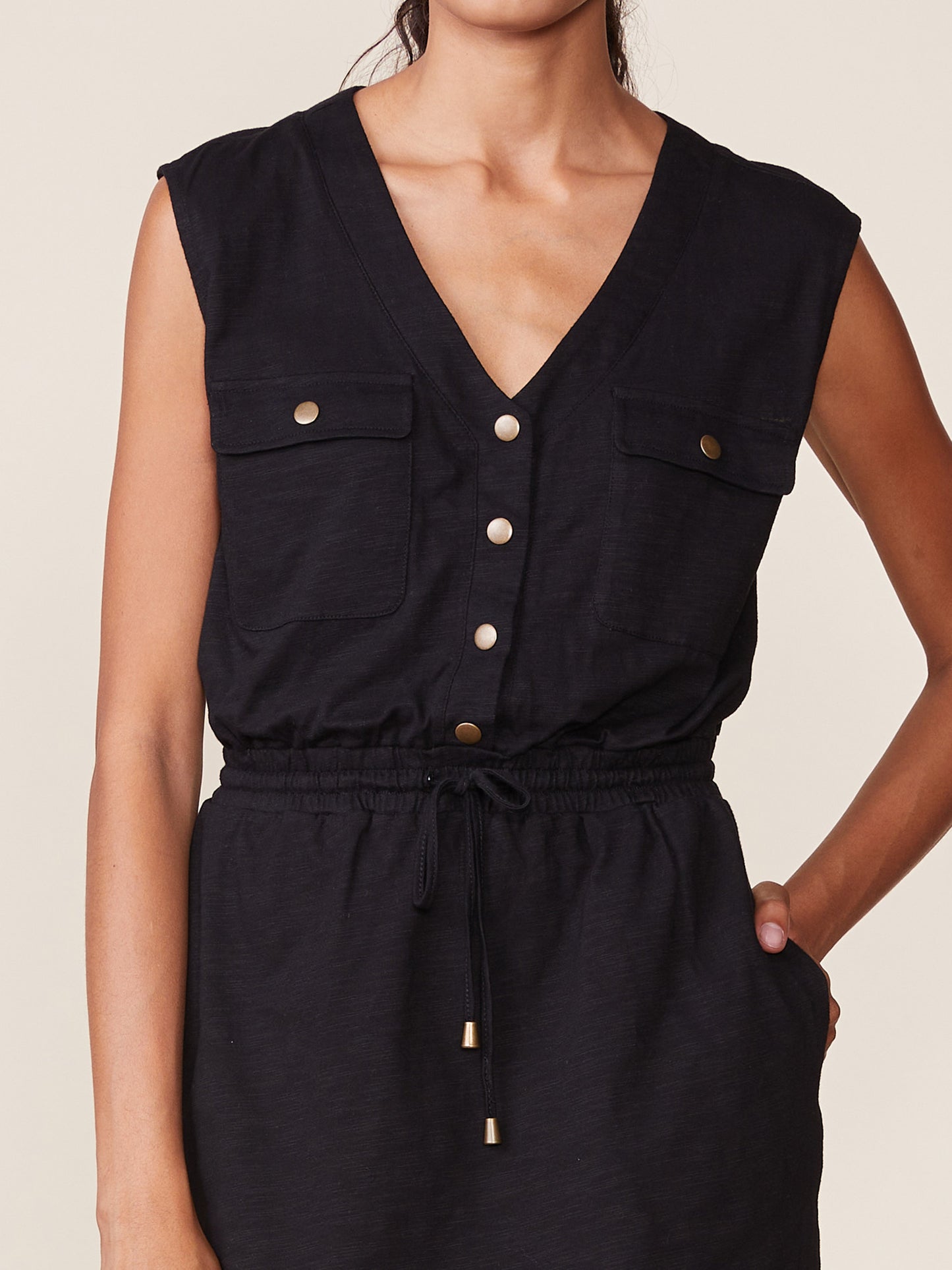 Slub V-neck Smocked Waist Dress