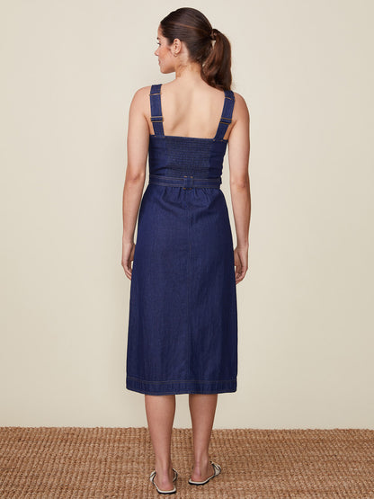 Zip Front Belted Denim Midi Dress