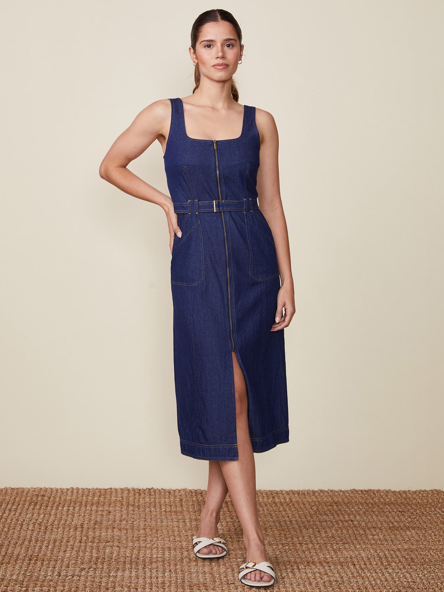 Zip Front Belted Denim Midi Dress
