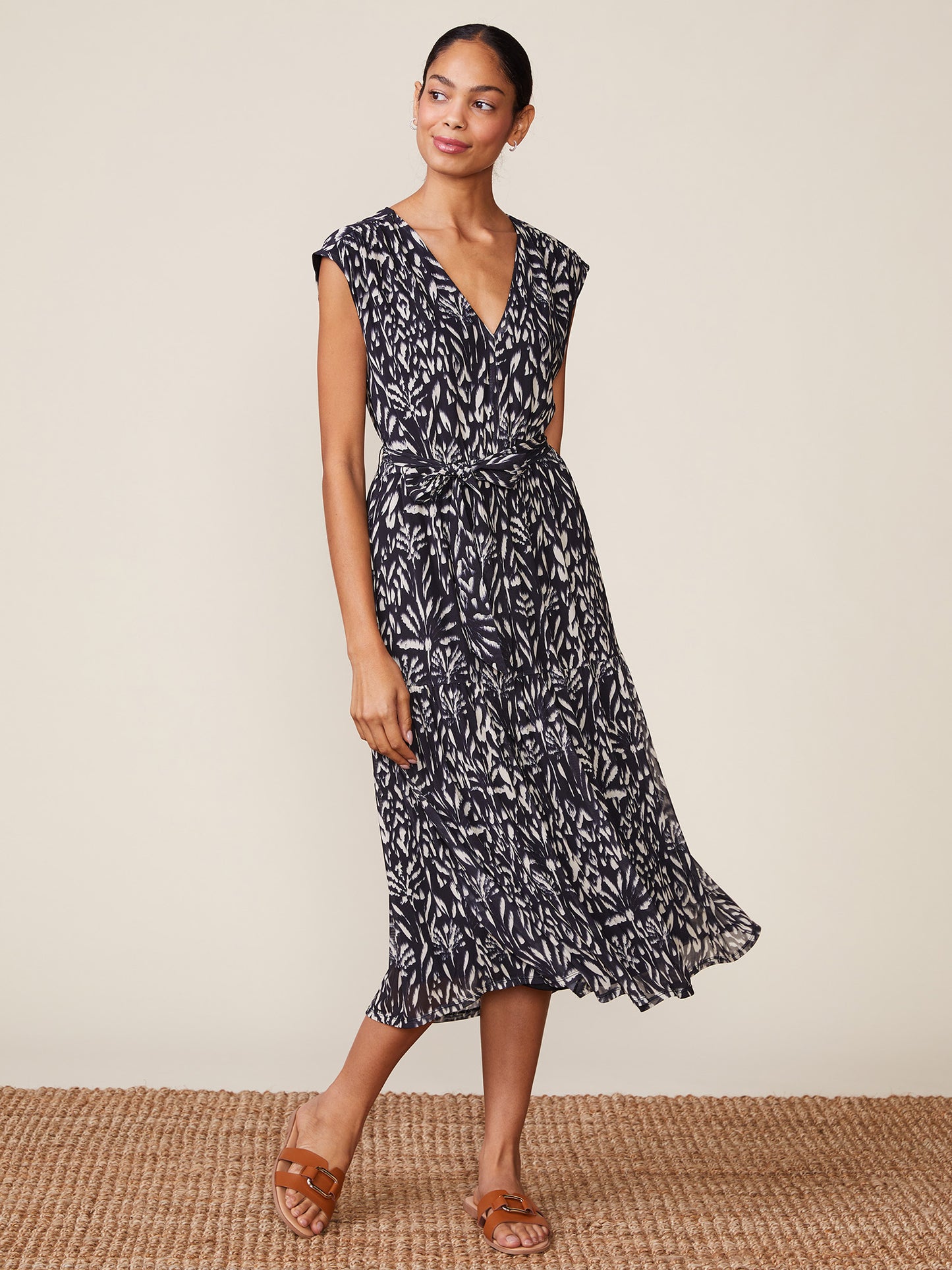 Printed Mesh V-neck Midi Dress