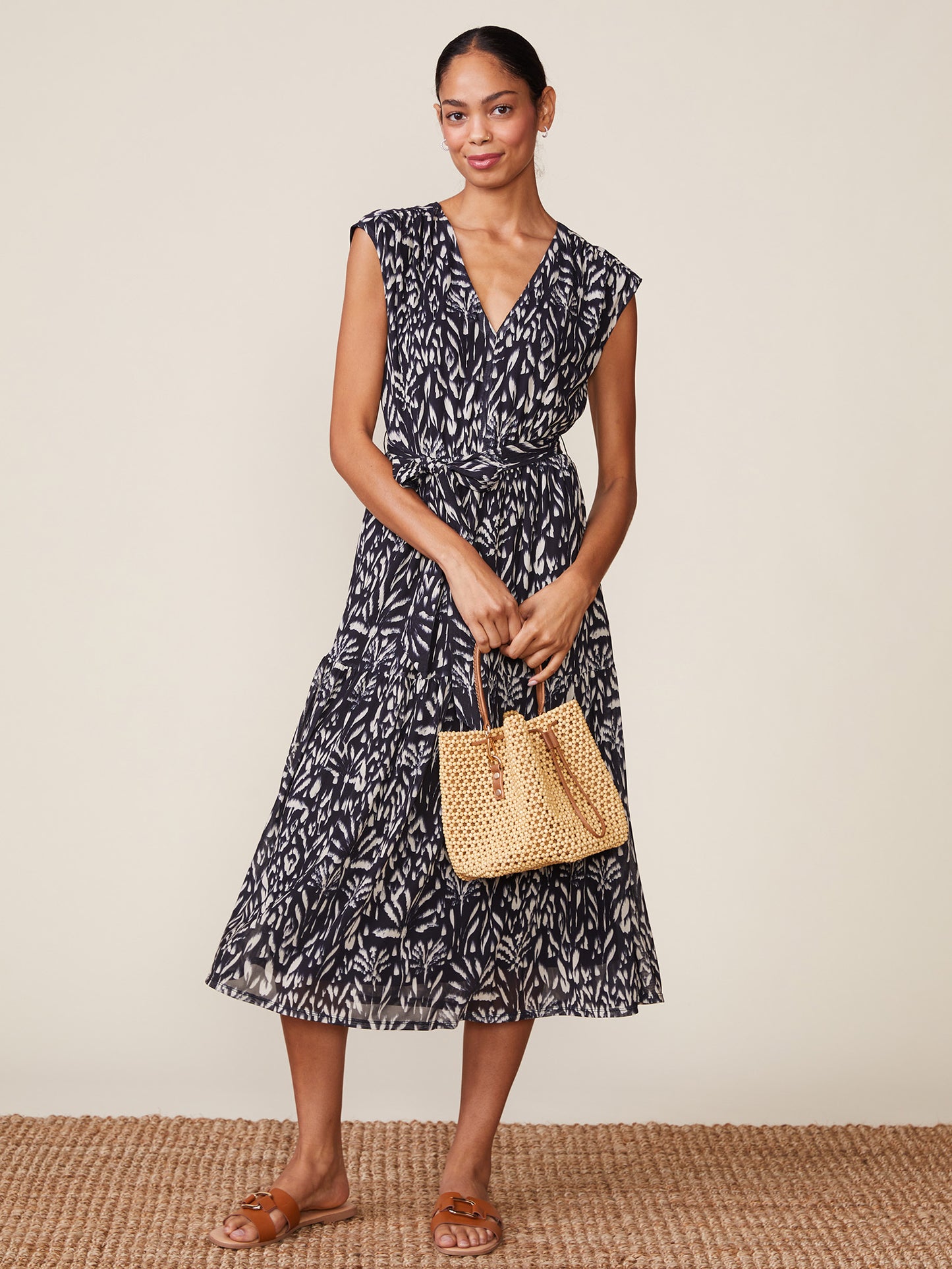 Printed Mesh V-neck Midi Dress