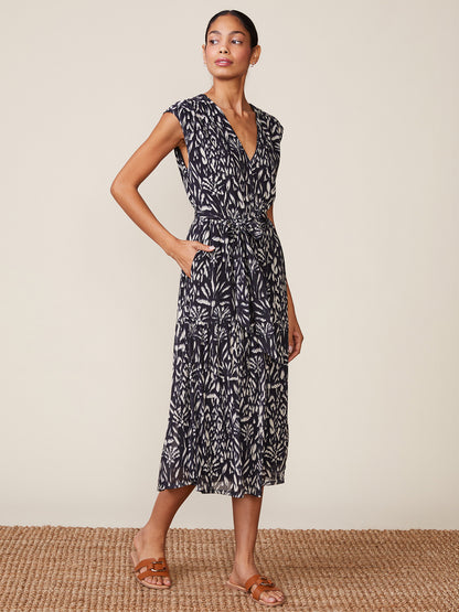 Printed Mesh V-neck Midi Dress