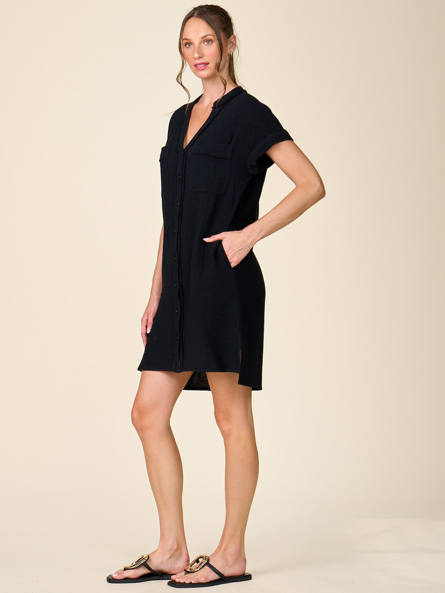 Gauze Button Front Shirt Dress