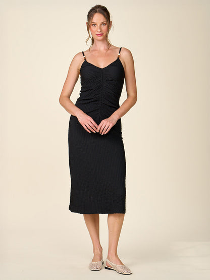 Cinch Front Textured Midi Dress with Beaded Straps