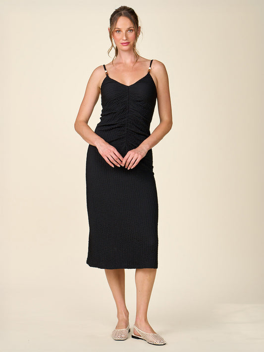Cinch Front Textured Midi Dress with Beaded Straps