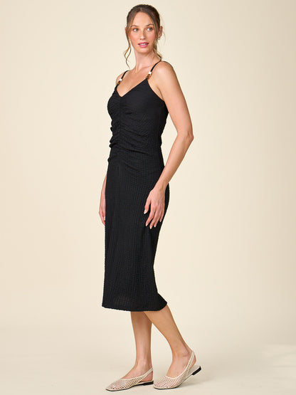 Cinch Front Textured Midi Dress with Beaded Straps