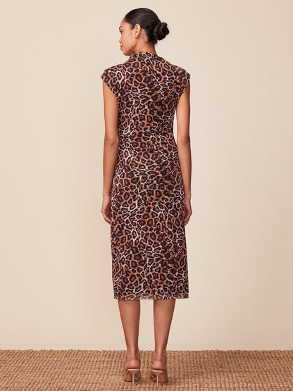 Sleeveless Shirred Column Printed Mesh Dress