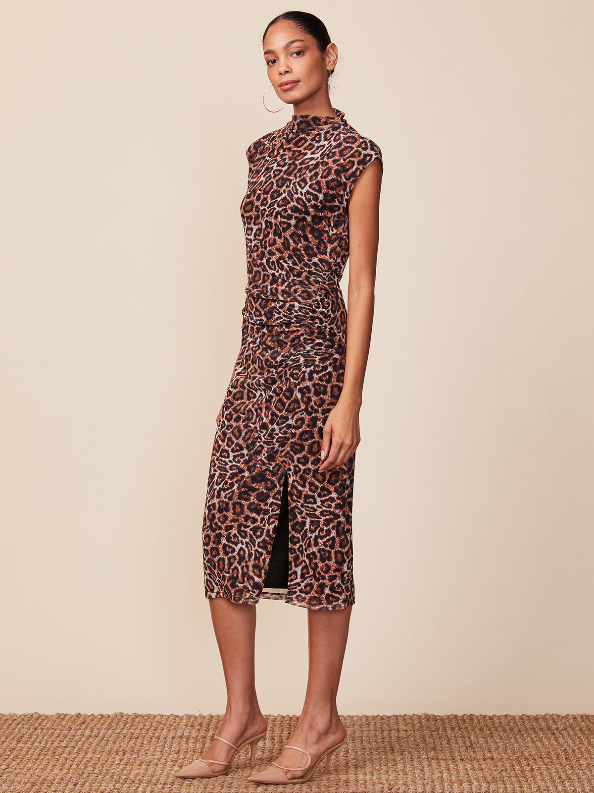 Sleeveless Shirred Column Printed Mesh Dress