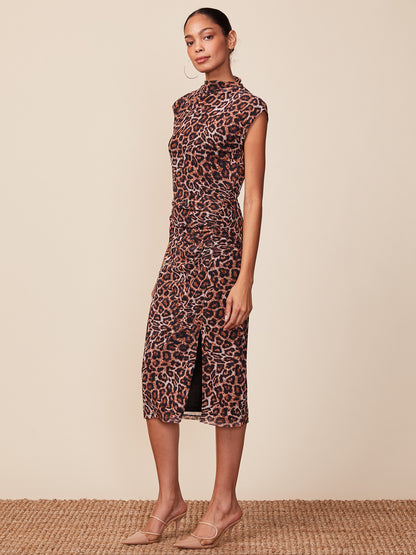 Sleeveless Shirred Column Printed Mesh Dress