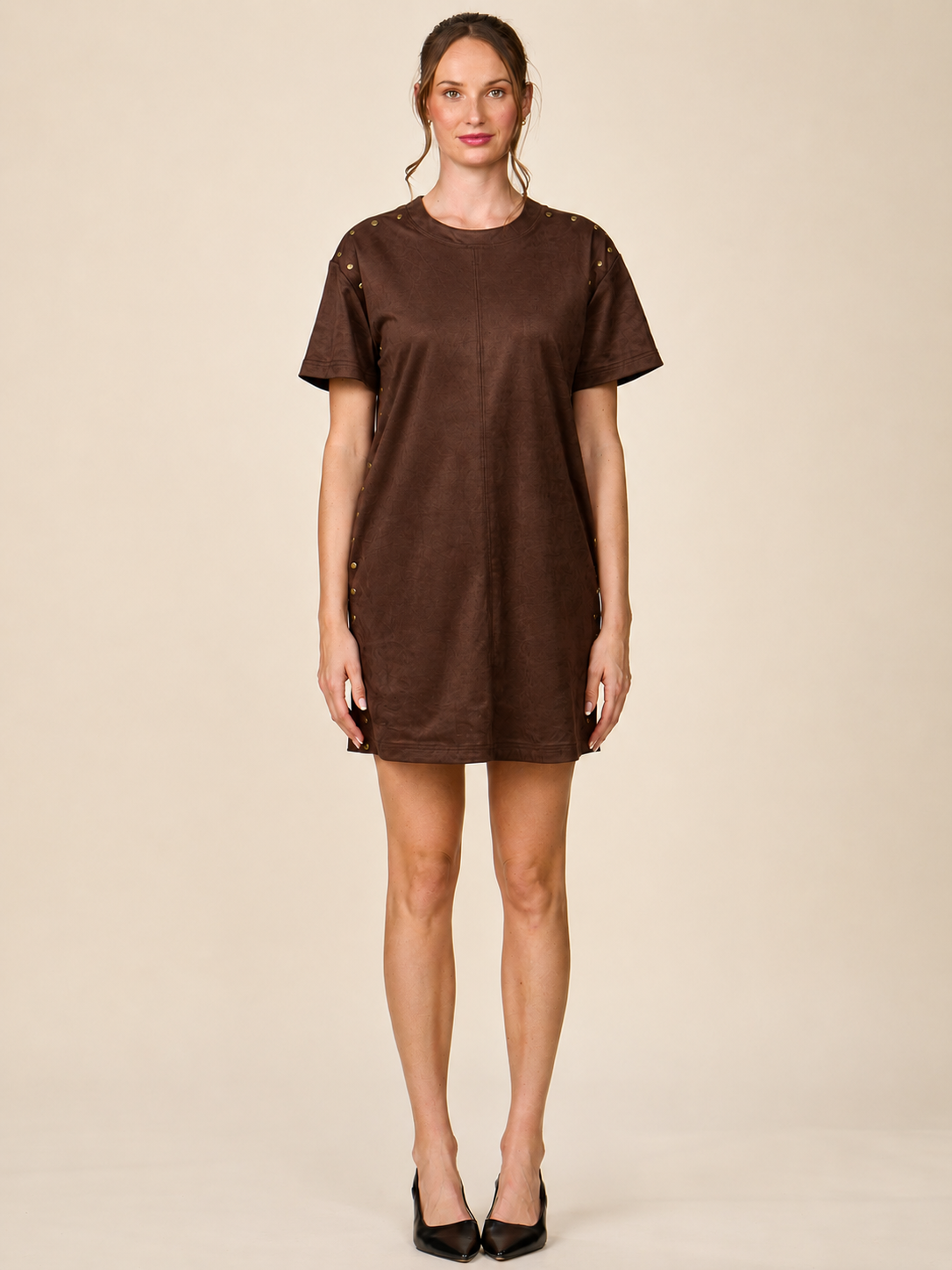 Short Sleeve Studded Faux Suede Mini Dress