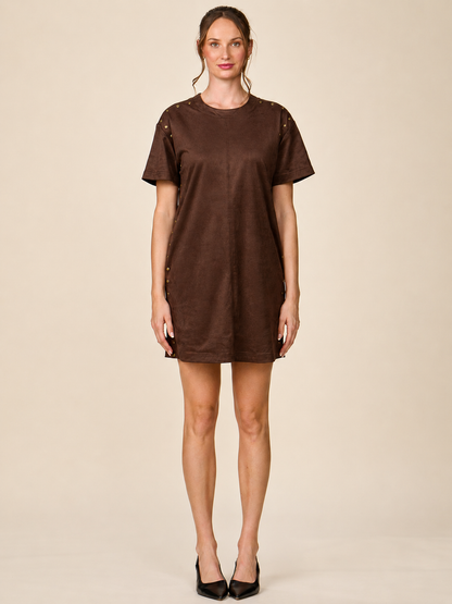 Short Sleeve Studded Faux Suede Mini Dress
