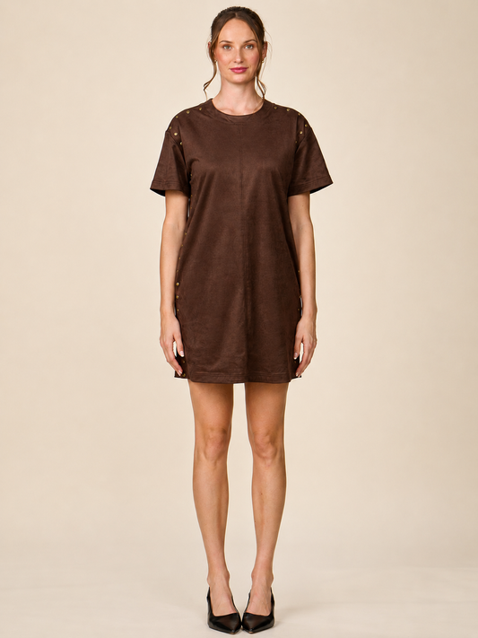 Short Sleeve Studded Faux Suede Mini Dress