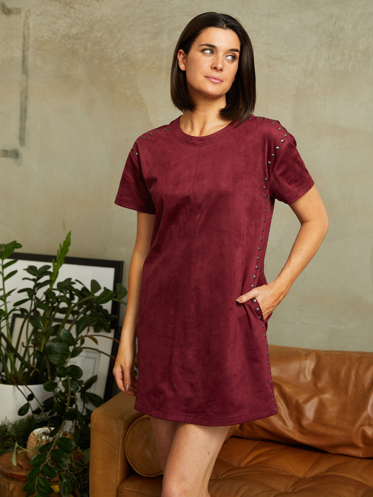 Short Sleeve Studded Faux Suede Mini Dress