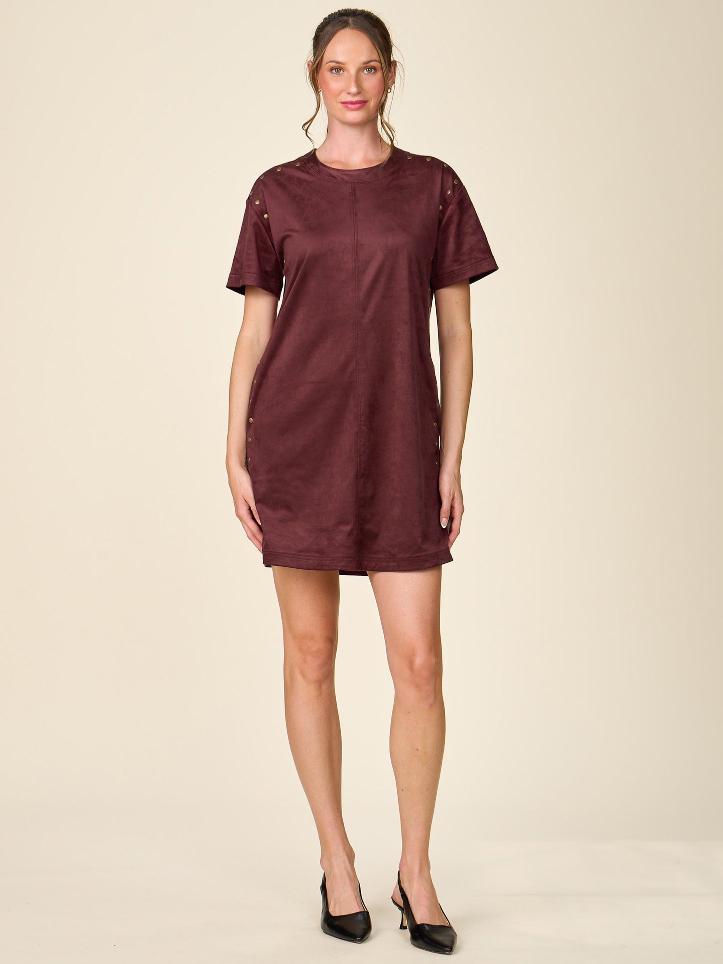 Short Sleeve Studded Faux Suede Mini Dress