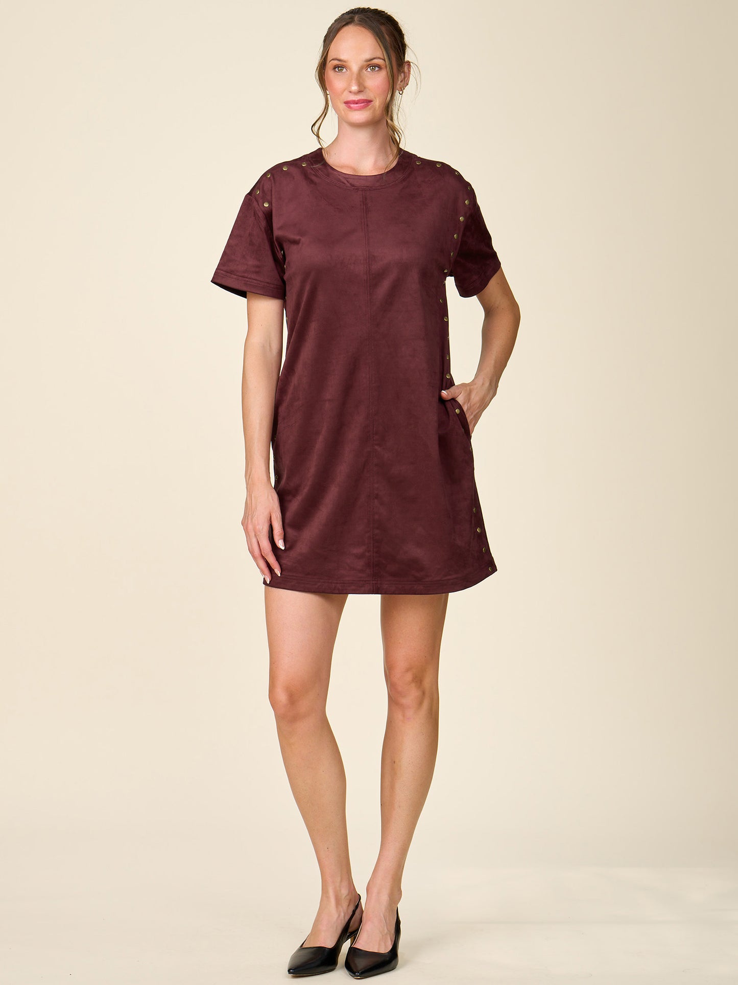 Short Sleeve Studded Faux Suede Mini Dress