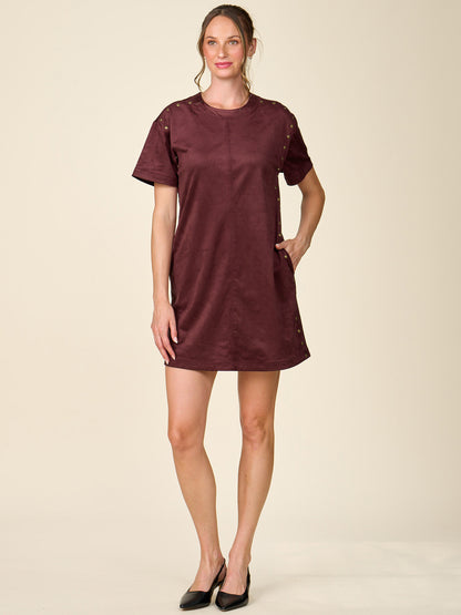 Short Sleeve Studded Faux Suede Mini Dress