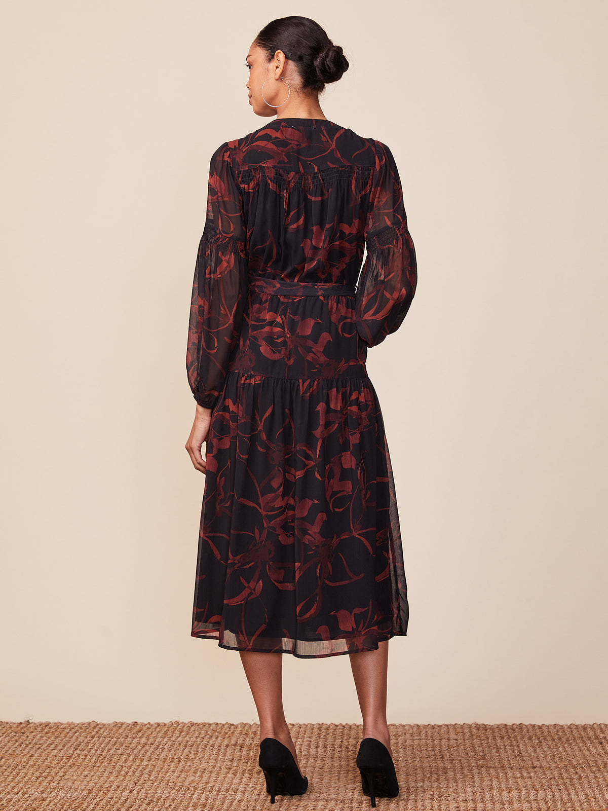 Long Sleeve Belted Printed Midi Dress