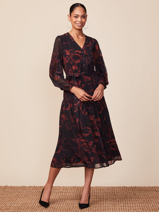 Long Sleeve Belted Printed Midi Dress