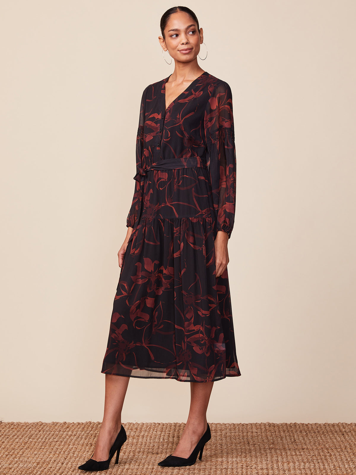 Long Sleeve Belted Printed Midi Dress