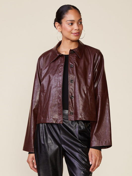 Crinkle Faux Leather Button Front Jacket