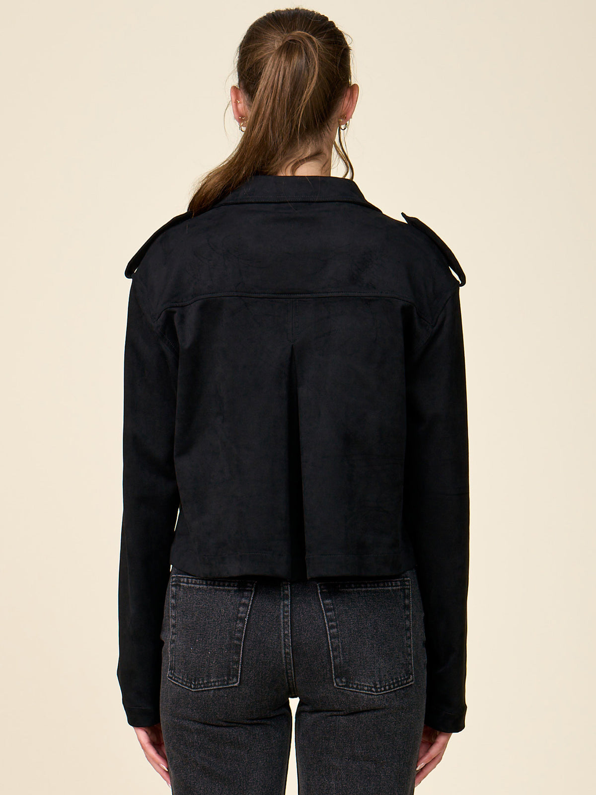 Cropped Double Breasted Faux Suede Trench Coat