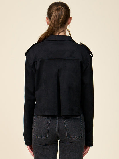 Cropped Double Breasted Faux Suede Trench Coat