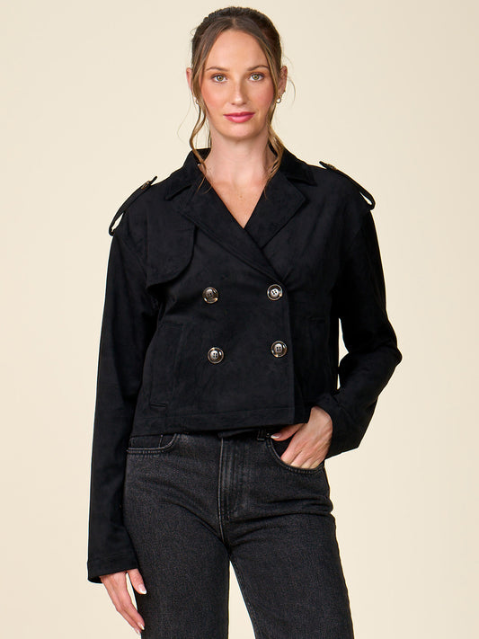 Cropped Double Breasted Faux Suede Trench Coat